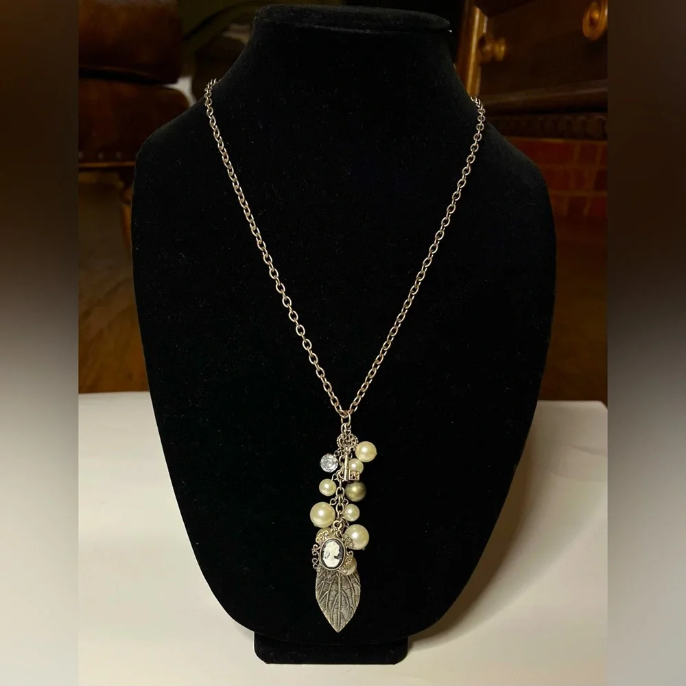 Vintage Silver Necklace w/Pearl, Rhinestone, Key, Lady Cameo Pendant, & Feather - Picture 1 of 3